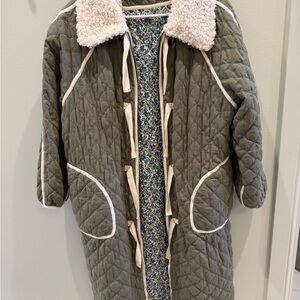 THE GREAT. Quilted Olive Green Coat with Cream Details
